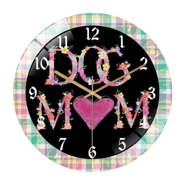Decor Wall Clocks: Dog Mom Wreath Glass Wall Clock  for Homes, Bars, Offices, Man Caves, Garages, And Living Rooms. Also Makes A Great Gift. Style 12×12inch(30×30cm)