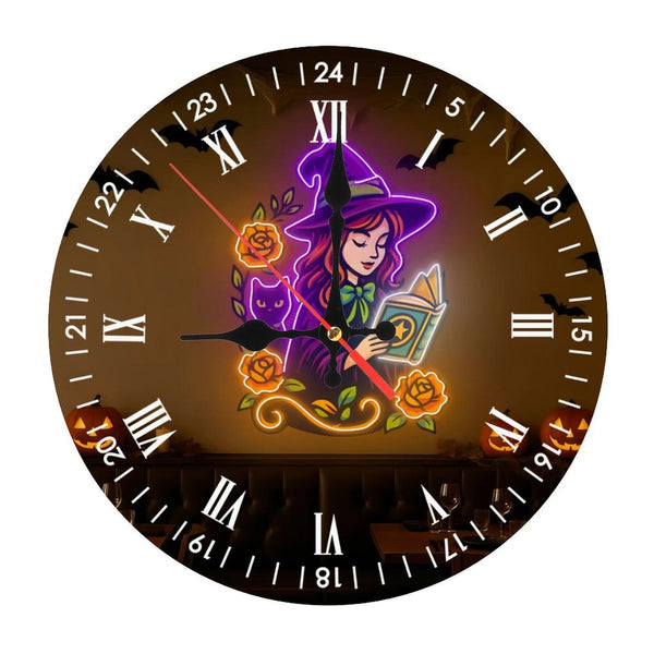 Decor Wall Clocks: Halloween Witch Reading Book Glass Wall Clocks, Halloween Party Decoration Glass Wall Clocks, Perfect Gift for Bookish, Reading Nook Decor.  10×10inch(25×25cm)