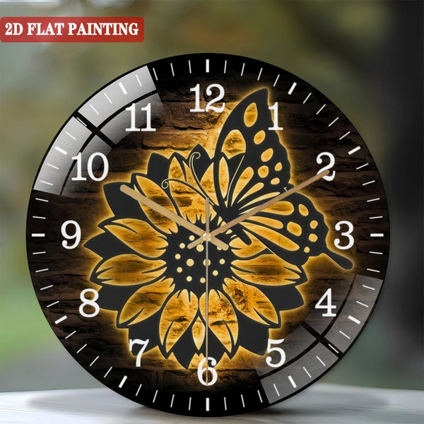 Decor Wall Clocks: Sunflower Farmhouse Glass Wall Clocks, Sunflower Butterfly Glass Wall Clocks,Home Decor Sunflower Barn Nursery Decoration Xmas Birthday Gifts Style 12×12inch(30×30cm)