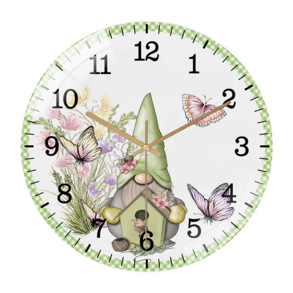 Decor Wall Clocks: Spring Gnome  Glass Wall Clock ，Round Spring Welcome  Wall Clock for Homes, Bars, Offices, Man Caves, Garages, And Living Rooms. Also Makes A Great Gift. Style 12×12inch(30×30cm)