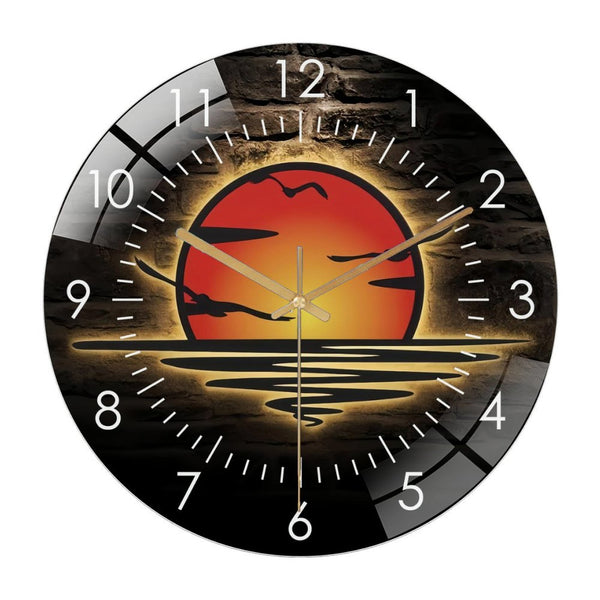 Decor Wall Clocks: Colorful Sea Sun Seagull Sparkle Glass Wall Clock, Ocean Sunrise Glass Wall Clock,Home Decor Sunset Decoration Birthday Homewarming Gift Style 12×12inch
