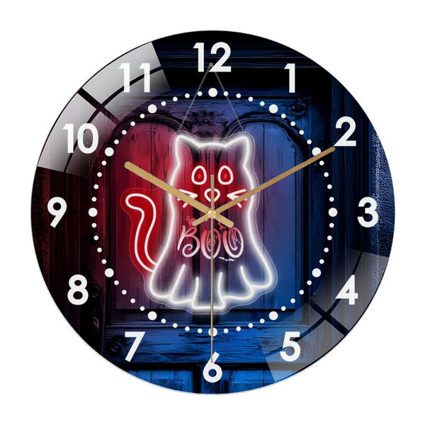 Decor Wall Clock: Cat Gho-st Glass Wall Clock,Hallo-ween Funny Cat Boo Decor Wall Clock for Home Decor  Hallo-ween Gho St Boo Haunted House Party Wall Art.homes, Bars, Offices, Man Caves,