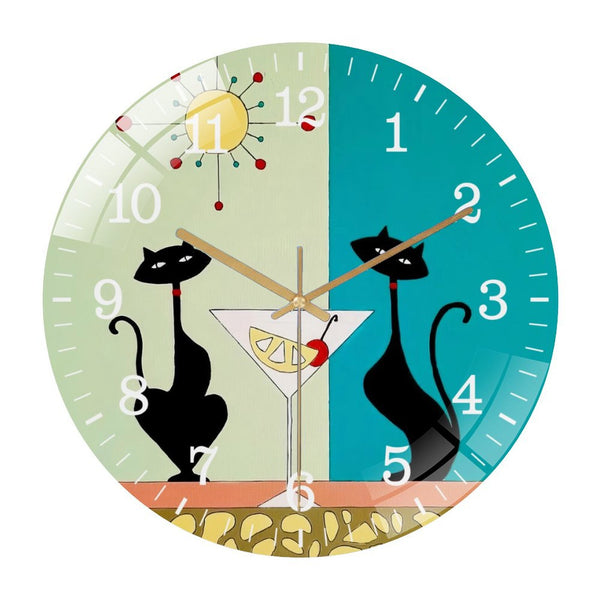 Decor Wall Clocks: Mid Century Modern Cats with Lemon Martini Glass Wall Clock, Black Cats  Wall Clock, Art for Cat Lovers Decor Wall Clock for Homes, Bars, Offices, Man Caves, Garages