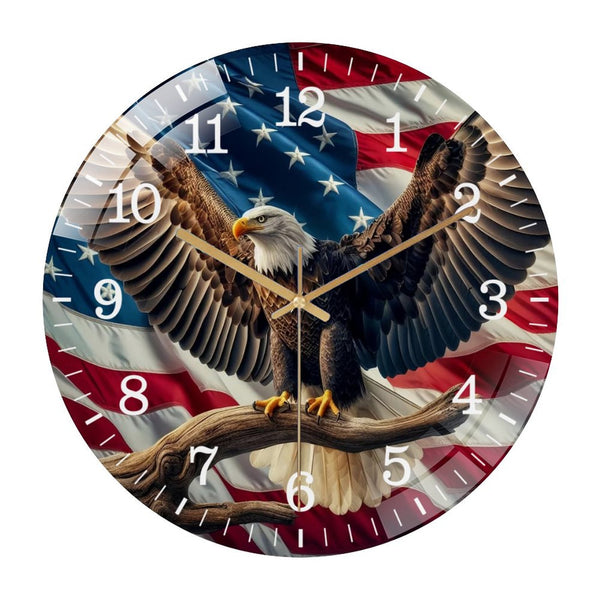 Decor Wall Clocks: Patriotic Eagle on Branch Glass Wall Clock, American Flag Patriotic Holiday Wall Clock,   for Homes, Bars, Offices, Man Caves, Garages, And Living Rooms. Hallo Ween Gift