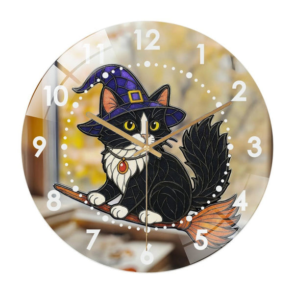 Decor Wall Clocks: Spooky Tabby Cat Hallo-ween Window Art Glass Wall Clock, Dachshund Hallo-ween Home Decor  Wall Clock, Hallo-ween Gift,Also Makes A Great Gift. Style 12×12inch(30×30cm)