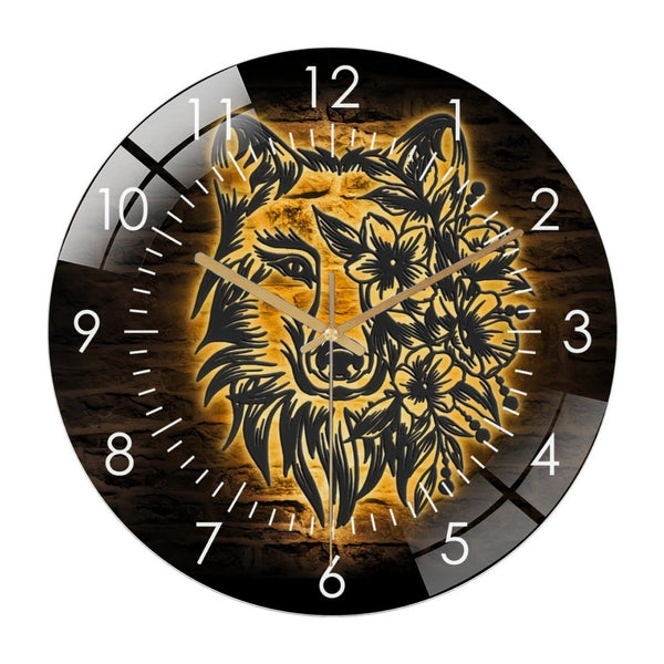 Decor Wall Clocks: Floral Wolf Glass Wall Clock,Wolf Home Decor Kid  Wall Clock, for Homes, Bars, Offices, Man Caves, Garages, And Living Rooms. Halloween Nursery Decoration Man Cave Housewarming