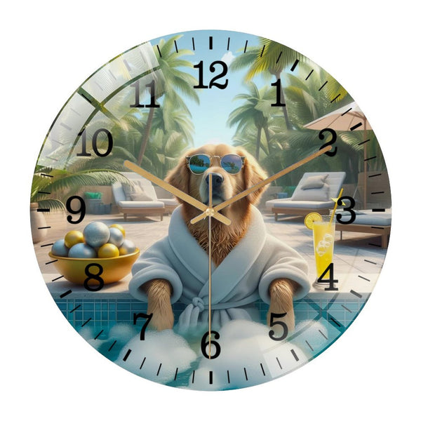 Decor Wall Clocks: Adorable Golden Retriever Relaxing in A Hot Tub Glass Wall Clock ,Dog Lover  Wall Clock  for Homes, Bars, Offices, Man Caves, Garages, And Living Rooms. .Also Makes A Great Gift