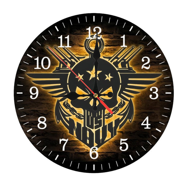 Decor Wall Clocks: Anchor Navy Wood Wall Clocks, America Soldier Wood Wall Clocks,Decoration US Navy Skull Outdoor Home Decor Proud Veteran Birrthday Christmas  10×10inch(25×25cm)