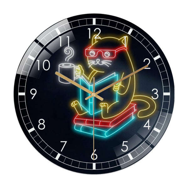 Decor Wall Clock: Cat Reading Book  Glass Wall Clock,Cat Bookish Wall Clock for Homes, Bars, Offices, Man Caves, Garages, And Living Rooms .Also Makes A Great Gift.cat Lover Gifts, Book Lover Room