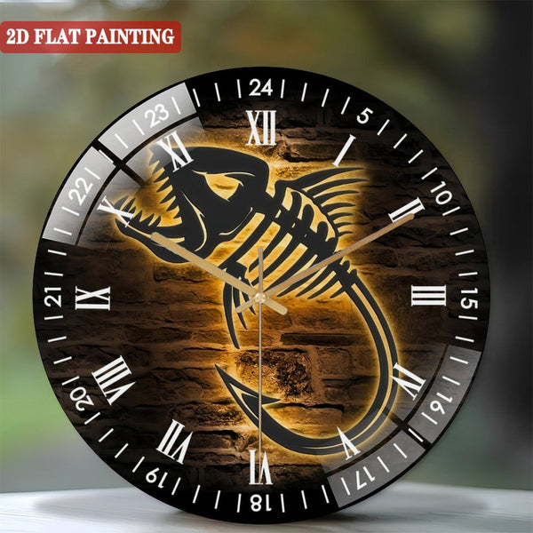 Clocks Wall Decor: Skeleton Bass Fishing Hook Glass Wall Clocks, Skull Fish Hook Glass Wall Clocks,for Homes, Bars, Offices, Home Decor Kid Nursery Decoration Fisher Housewarming Birthday