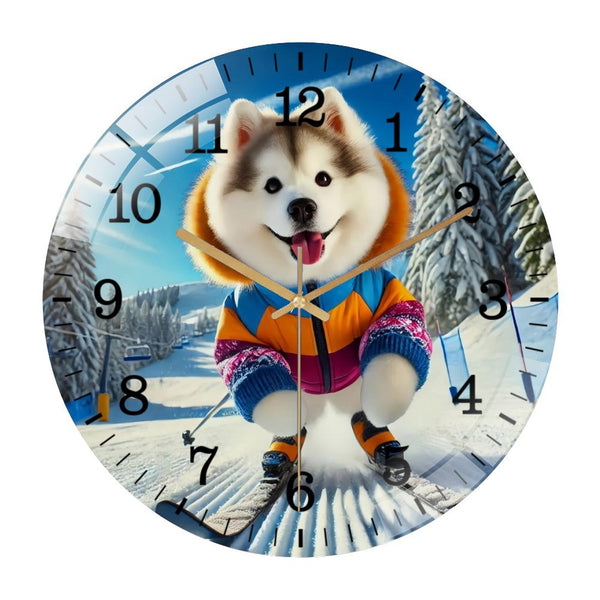 Decor Wall Clocks: Husky Snow Skiing Glass Wall Clock ,Dog Lover  Wall Clock  for Homes, Bars, Offices, Man Caves, Garages, And Living Rooms. .Also Makes A Great Gift Style 12×12inch(30×30cm)