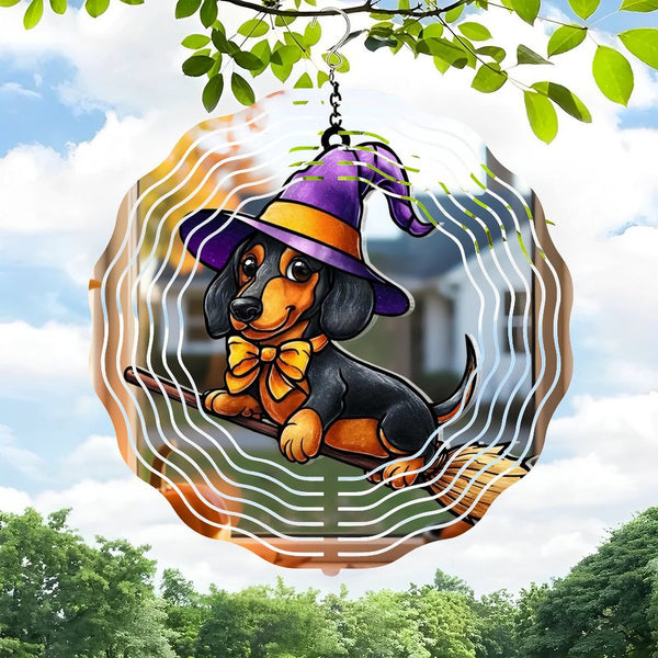 Funky Home Decor: Adorable Halloween Dachshund Dog Wearing Witch Hat Riding Broomstick Stained Wind Chimes, Dachshund Hallo-ween Home Decor  Wind Chimes, Gift For Mom, Dachshund Lovers Gift