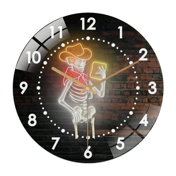 Decor Wall Clock: Skeleton  Cowboy Glass Wall Clock,Rustic Or Ranch Room Decor Wall Clock for Home Decor  Hallo-ween Gho St Boo Haunted House Party Wall Art.homes, Bars, Offices, Man Caves