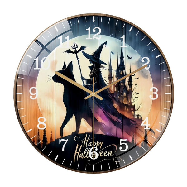 Decor Wall Clocks: Witch And Black Cat Wreath Glass Wall Clock for Homes, Bars, Offices, Man Caves, Garages, And Living Rooms. Also Makes A Great Gift. Style 12×12inch(30×30cm)