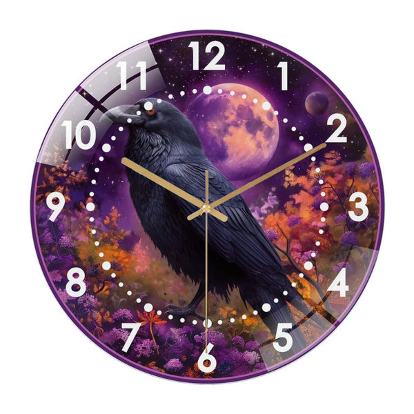 Decor Wall Clock: Raven  Hallo-ween Glass Wall Clock, Colorful Crow Black Bird Wall Clock  for Homes, Bars, Offices, Man Caves, Garages, And Living Rooms .Also Makes A Great Gift.