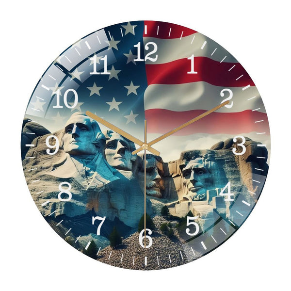 Decor Wall Clocks: Patriotic Mount Rushmore Glass Wall Clock, American Flag Wall Clock,   for Homes, Bars, Offices, Man Caves, Garages, And Living Rooms. Hallo Ween Gift .Also Makes A Great Gift.