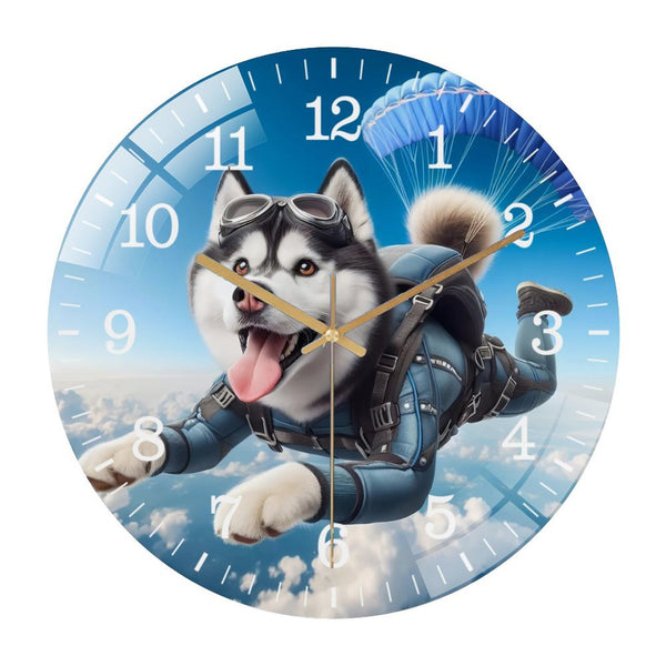 Decor Wall Clocks: Funny Husky Skydiving Glass Wall Clock ,Dog Lover  Wall Clock  for Homes, Bars, Offices, Man Caves, Garages, And Living Rooms. .Dog Skydiving Collection Wall Clock