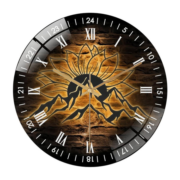 Decor Wall Clocks: Sunflower Mountain Sunset Glass Wall Clock,Mountain Sunrise  Home Decor Wall Clock, for Homes, Bars, Offices, Man Caves, Garages, And Living Rooms.