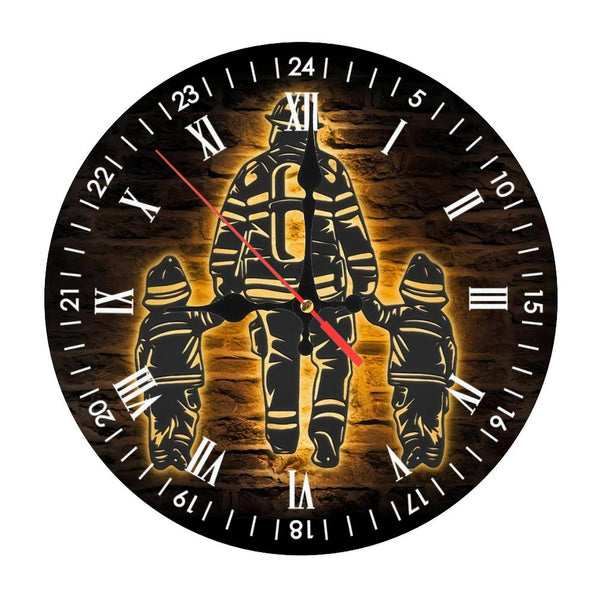 Decor Wall Clocks: Father Son Firefighter Wood Wall Clocks,Fireman Wood Wall Clocks, Home Decor Fire Department Nursery Decoration Birthday Christmas Housewarming  10×10inch(25×25cm)