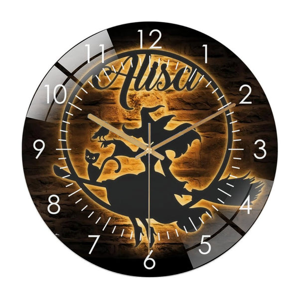 Decor Wall Clocks: Witch And Cat Glass Wall Clock,Moon Witch Riding Broom Wall Clock, for Homes, Bars, Offices, Man Caves, Garages, And Living Rooms. Hallo-ween Gift .Also Makes A Grea.