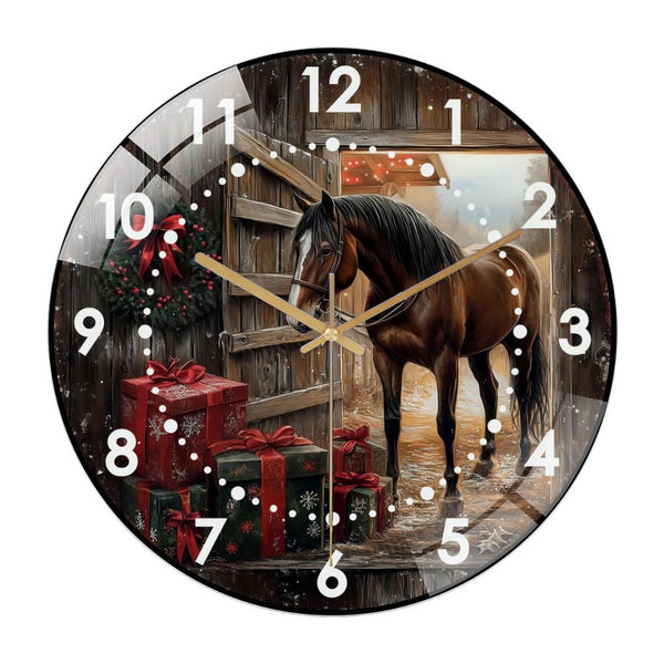 Decor Wall Clocks: Christmas Horse Glass Wall Clock,  Christmas Presents Wall Clock  for Homes, Bars, Offices, Man Caves, Garages, And Living Rooms .Also Makes A Great Gift. Style 12×12inch(30×30cm)