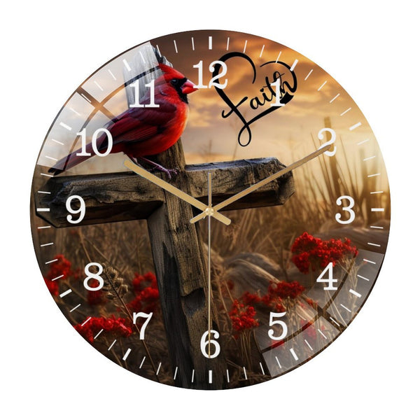Decor Wall Clocks: Faith Cardinal on Cross Wreath Glass Wall Clock ，home Decor Christian Wall Clock for Homes, Bars, Offices, Man Caves, Garages, And Living Rooms. Also Makes A Great Gift.