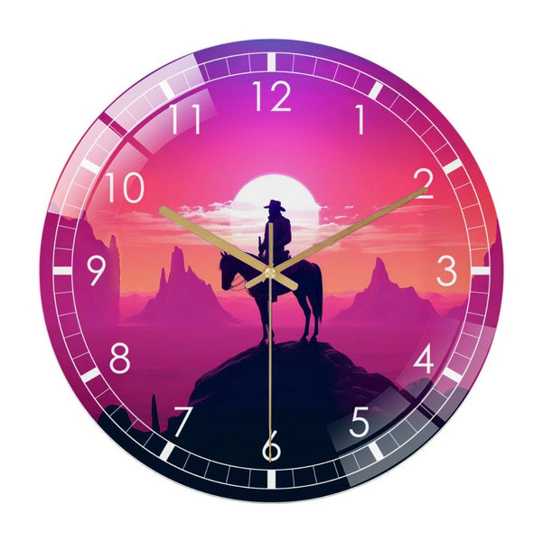 Decor Clocks： Wild West Sunset Glass Wall Clock, Cowboy Decor Wall Clock for Homes, Bars, Offices, Man Caves, Garages, And Living Rooms .Also Makes A Great Gift. Style 12×12inch(30×30cm)