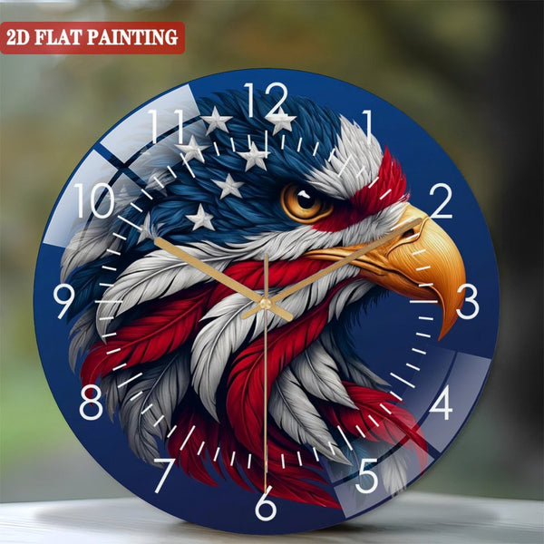 Clock Wall Decor: Patriotic American Eagle Flag Feathers  Glass Wall Clock,  American Eagle  Decor Wall Clock for Homes, Bars, Offices, Man Caves, Garages, And Living Rooms. Hallo-ween Gift .