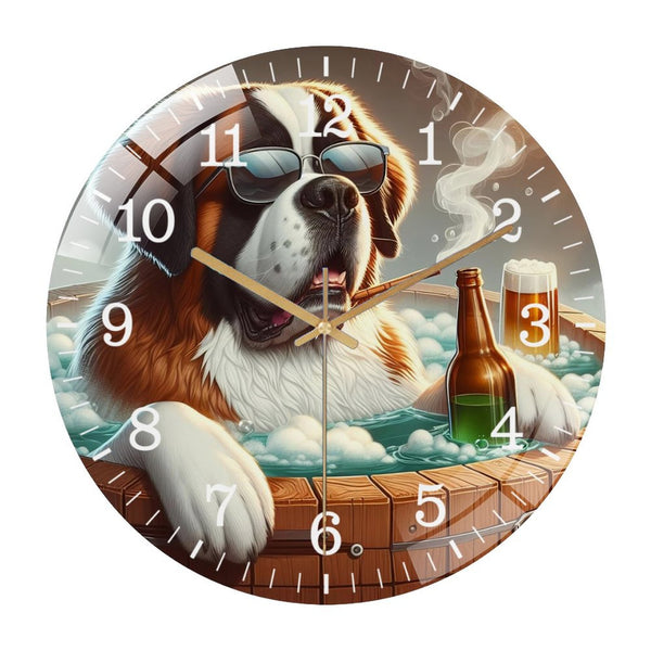 Decor Wall Clocks: Unwind with Your Saint Bernard in A Hot Tub Glass Wall Clock ,Pet Portrait Wall Clock ，Dog Lover  Wall Clock  for Homes, Bars, Offices, Man Caves, Garages, And Living Rooms.