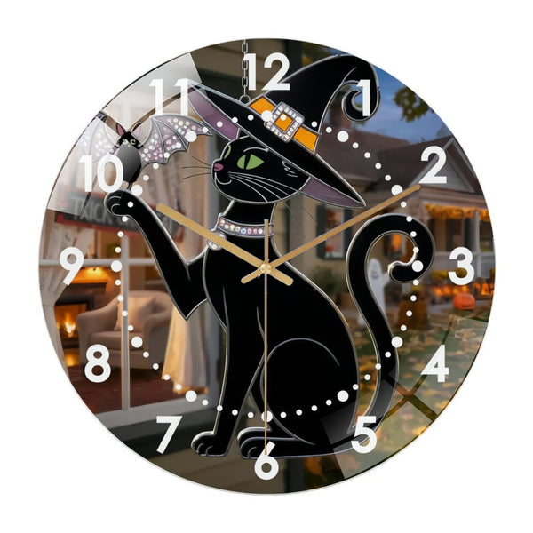 Decor Wall Clock: Witch Cat Stained Glass Wall Clock, Halloween- Black Cat & Bat Window Decor Wall Clock  for Homes, Bars, Offices, Man Caves, Garages, And Living Rooms .Also Makes A Great Gift.