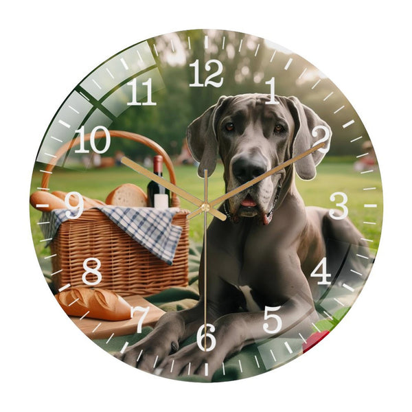 Decor Wall Clocks: Great Dane Having A Picnic  Glass Wall Clock ,Nature Dog Lover  Wall Clock  for Homes, Bars, Offices, Man Caves, Garages, And Living Rooms. .Also Makes A Great Gift.