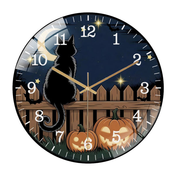 Decor Wall Clocks: Black Cat And Jack O Lanterns Glass Wall Clock  for Homes, Bars, Offices, Man Caves, Garages, And Living Rooms. Also Makes A Great Gift. Style 12×12inch(30×30cm)