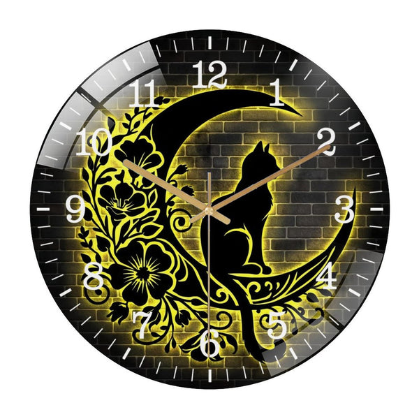 Decor Wall Clocks: Floral Cat on The Crescent Moon Sunflower Glass Wall Clock,  Floral Moon Cat Decor Wall Clock for Homes, Bars, Offices, Man Caves, Garages, And Living Rooms.