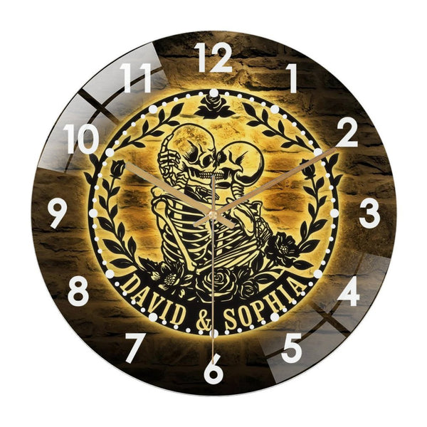 Decorative Clocks: Skeleton Couple Kissing with Roses Glass Wall Clock– Skeleton Couple Wall Clock for Home Decor Wedding Gift Decor. Hallo-ween Valentine Gift, Skull Lover Gift, Gothic Home Decor,