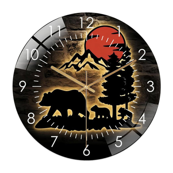 Decor Wall Clocks: Colorful Mama Bear And Cubs Glass Wall Clock,Mountain Forest Sunset Glass Wall Clock,Home Decor Father Bear Children Sunrise Decoration Style 12×12inch(30×30cm)