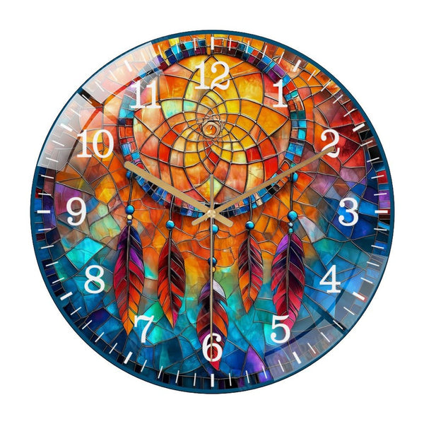 Decor Wall Clock: Stained Glass Dream-catcher  Glass Wall Clock,  Native American Sign Wall Clock  for Homes, Bars, Offices, Man Caves, Garages, And Living Rooms .Also Makes A Great Gift.
