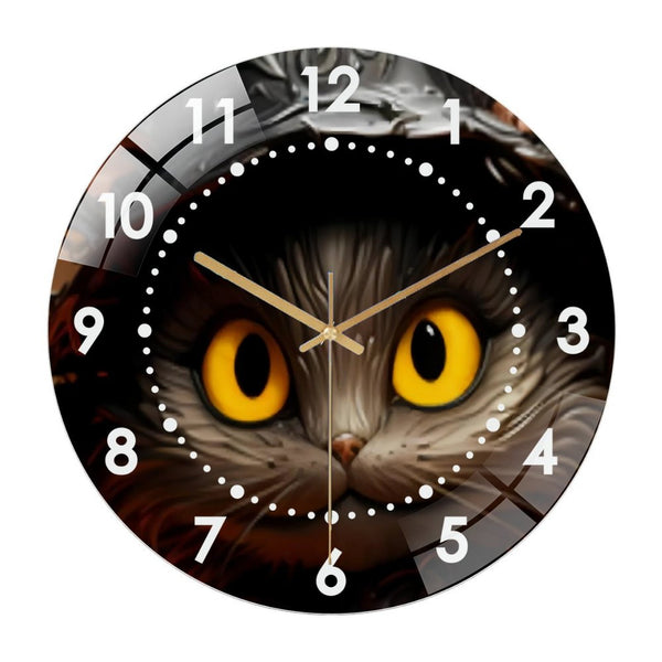 Decor Wall Clock: Black Cat Face  Happy Hallo-ween Glass Wall Clock,Black Cat Face Decor Wall Clock  for Homes, Bars, Offices, Man Caves, Garages, And Living Rooms .Also Makes A Great Gift.