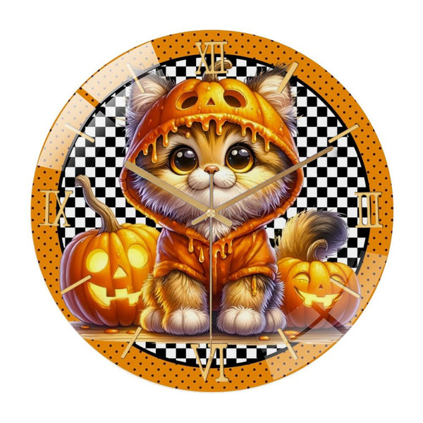 Decor Wall Clocks: Hallo-ween Kitten Glass Wall Clock，Pumpkin Cat Wall Clock for Homes, Bars, Offices, Man Caves, Garages, And Living Rooms. Also Makes A Great Gift. Style 12×12inch(30×30cm)