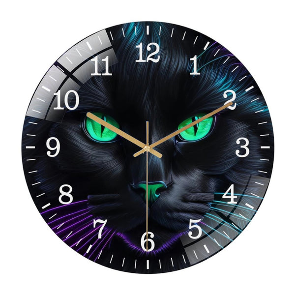 Decor Wall Clocks: Black Cat Hallo-ween Round Glass Wall Clock, Black Cat Face Wall Clock, Spooky Witch Cat Wreath Wall Clock for Homes, Bars, Offices, Man Caves, Garages, And Living Rooms.