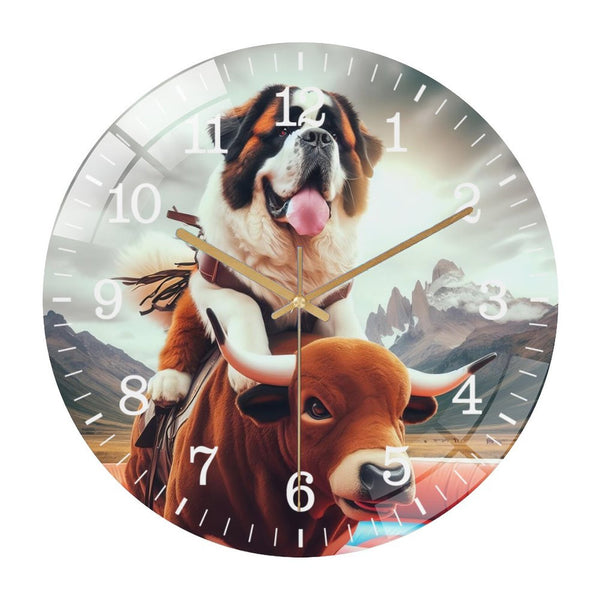 Decor Wall Clocks: Funny Saint Bernard Riding A Mechanical Bull  Glass Wall Clock ,Silly Mechanical Bull Dog Collection Wall Clock ，Dog Lover  Wall Clock  for Homes, Bars, Offices, Man Caves, Garages