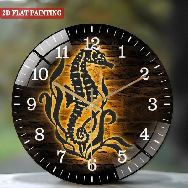 Decor Wall Clocks: Seahorse Glass Wall Clocks, Beach Sea Horse Ocean Glass Wall Clocks, Home Decor Boy Girl Nursery Decoration Housewarming Christmas Birthday Gift Style 12×12inch(30×30cm)