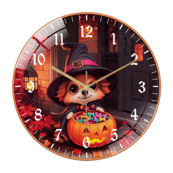 Decor Wall Clocks: Cute Witch Puppy with Treat Pumpkin  Glass Wall Clock,  Puppy Dog Decor Wall Clock  for Homes, Bars, Offices, Man Caves, Garages, And Living Rooms .Also Makes A Great Gift.