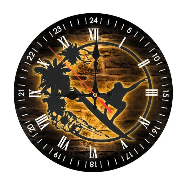 Decor Wall Clocks: Wave Surfing Glass Wall Clocks,Surfer Riding Wave Glass Wall Clocks, Home Decor Surfboard Decoration Birthday Christmas Housewarming Gift  10×10inch(25×25cm)