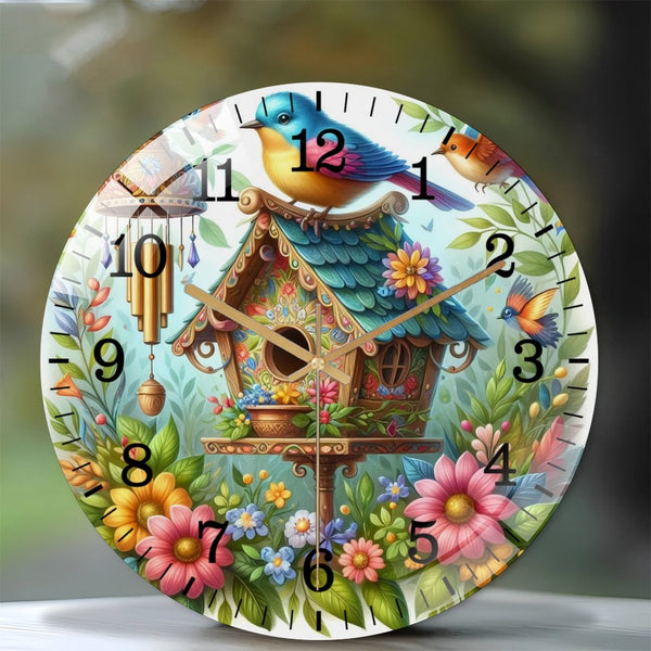 Decor Wall Clocks: Bird with Birdhouse Glass Wall Clock, Bird Collection Wall Clock, Springtime Flowers  Bird Lover ,Housewarming Gift Style 12×12inch(30×30cm)