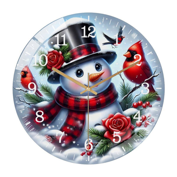 Decor Wall Clocks: Romantic Christmas Roses And Cardinals Snowman Wreath Glass Wall Clock ，Winter Decor Wall Clock for Homes, Bars, Offices, Man Caves, Garages, And Living Rooms.
