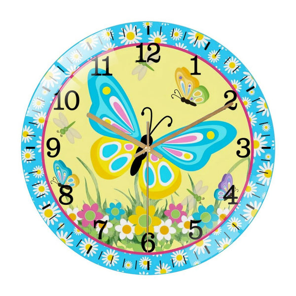 Decor Wall Clocks: Welcome Spring Summer Glass Wall Clock ，Butterfly Wreath  Wall Clock for Homes, Bars, Offices, Man Caves, Garages, And Living Rooms. Also Makes A Great Gift.