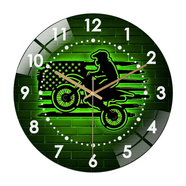 Decor Wall Clock: Dirt Bike American Flag Sport Glass Wall Clock ,Motocross Wall Art   Wall Clock for Home Decor, Christmas Gift . Game Room, Man Cave, Party Decor, Motorcycle Decor Rider Decoration.
