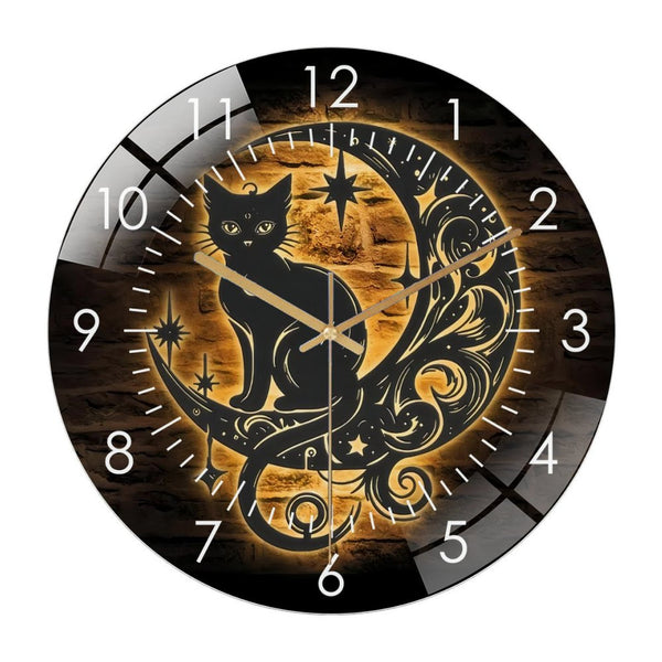 Decor Wall Clocks: Black Cat On The Moon Glass Wall Clock,Moon Cat Glass Wall Clock, Home Decor Crescent Moon Decoration Mystical Hanging Door Housewarming Style 12×12inch
