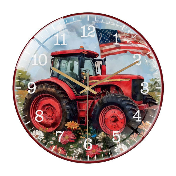 Decor Wall Clocks: Patriotic Tractor  With Flag Glass Wall Clock,  Patriotic Decor Wall Clock  for Homes, Bars, Offices, Man Caves, Garages, And Living Rooms .Also Makes A Great Gift.
