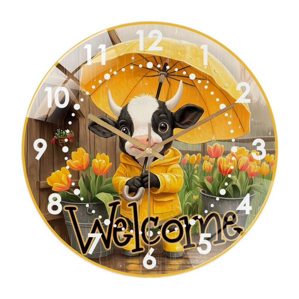 Decor Wall Clocks: Cow in Raincoat with Umbrella  Glass Wall Clock,  Holstein Cow  Decor Wall Clock  for Homes, Bars, Offices, Man Caves, Garages, And Living Rooms .Also Makes A Great Gift.